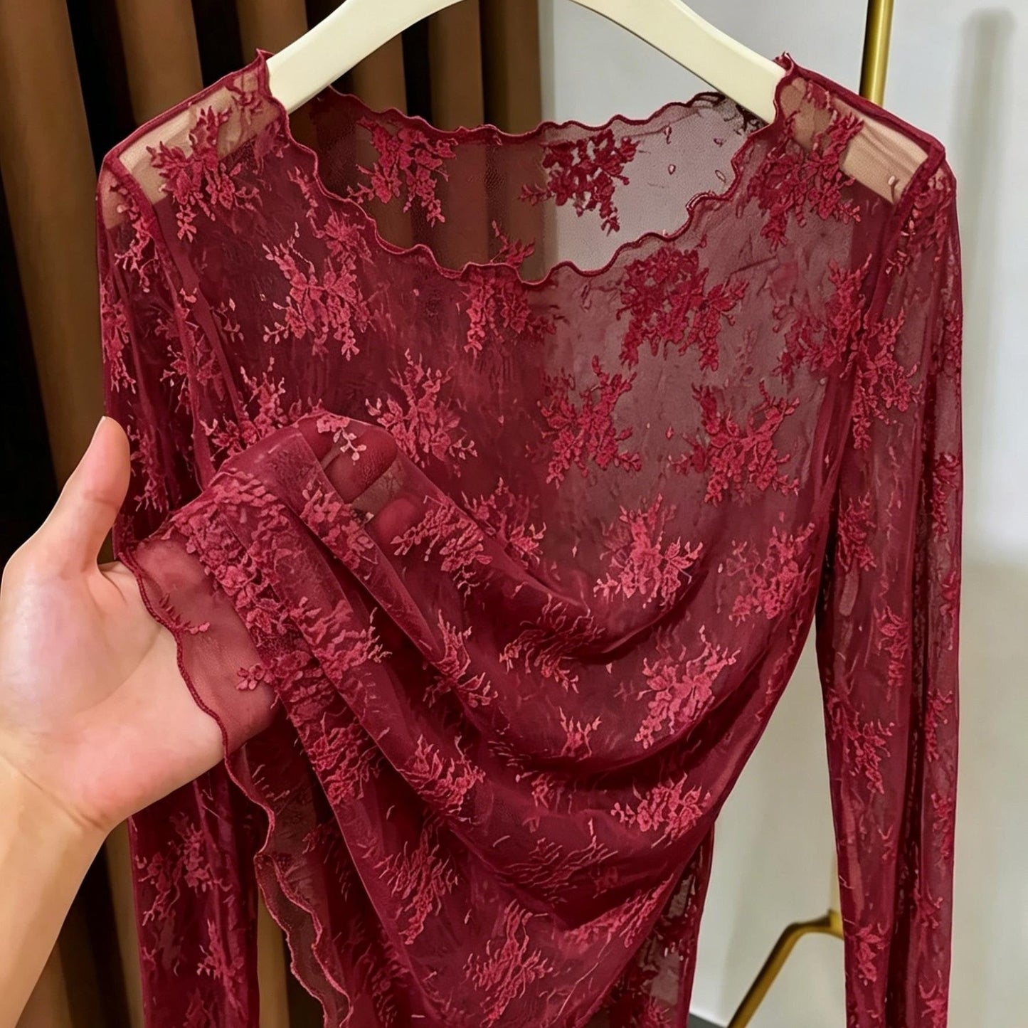 Women's long-sleeve shirt with floral embroidery and transparent design – elegant and versatile lace look for special occasions