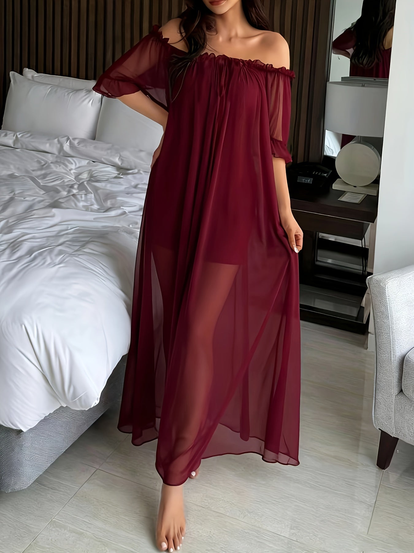 Women's Off-Shoulder Maxi Dress Nightgown Elegant for Home & Sleep