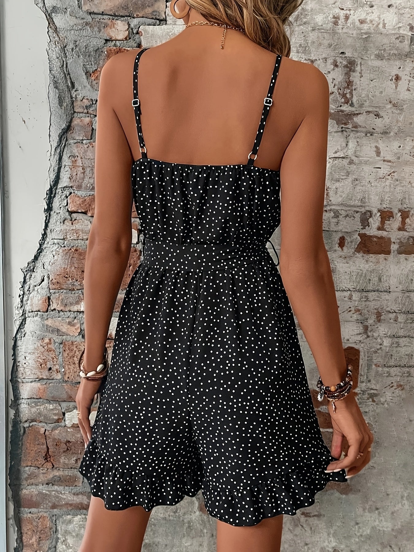 Women's Summer Polka Dot Jumpsuit with Spaghetti Straps – Elegant Playsuit for Leisure and Vacation