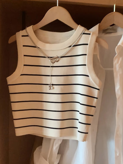Women's Sleeveless Striped Top in Preppy Style for Everyday and Leisure
