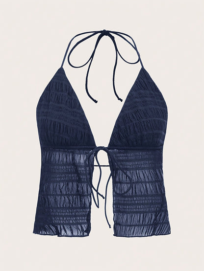 Women's Fashionable Halterneck Camisole Top with Ruching and Tie – Party & Summer Outfit