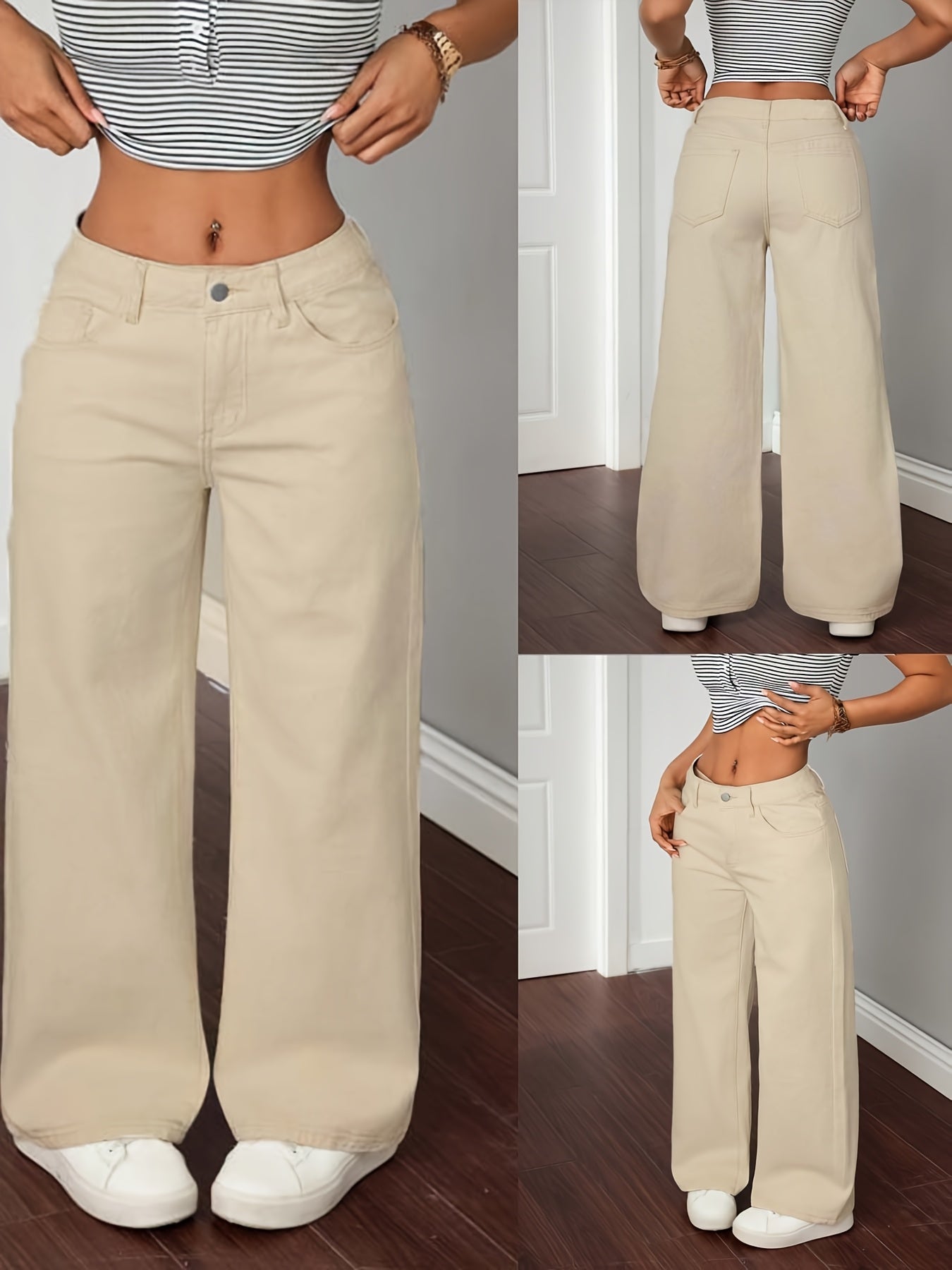 Women's wide-leg beige trousers with a straight leg and high waist