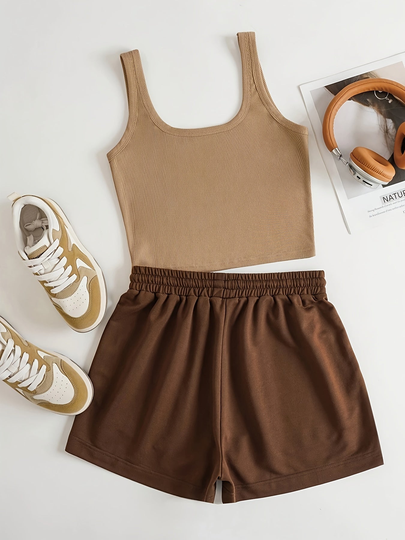 Women's sporty casual set with "The Mountains Adventure" print – top & shorts – perfect for summer & outdoor activities