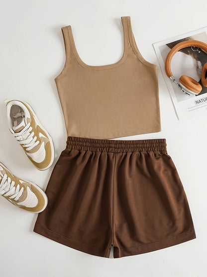 Women's sporty casual set with "The Mountains Adventure" print – top & shorts – perfect for summer & outdoor activities