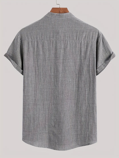 Men's Short Sleeve Henley Shirt with Stand Collar and Stripes – Modern Casual Shirt