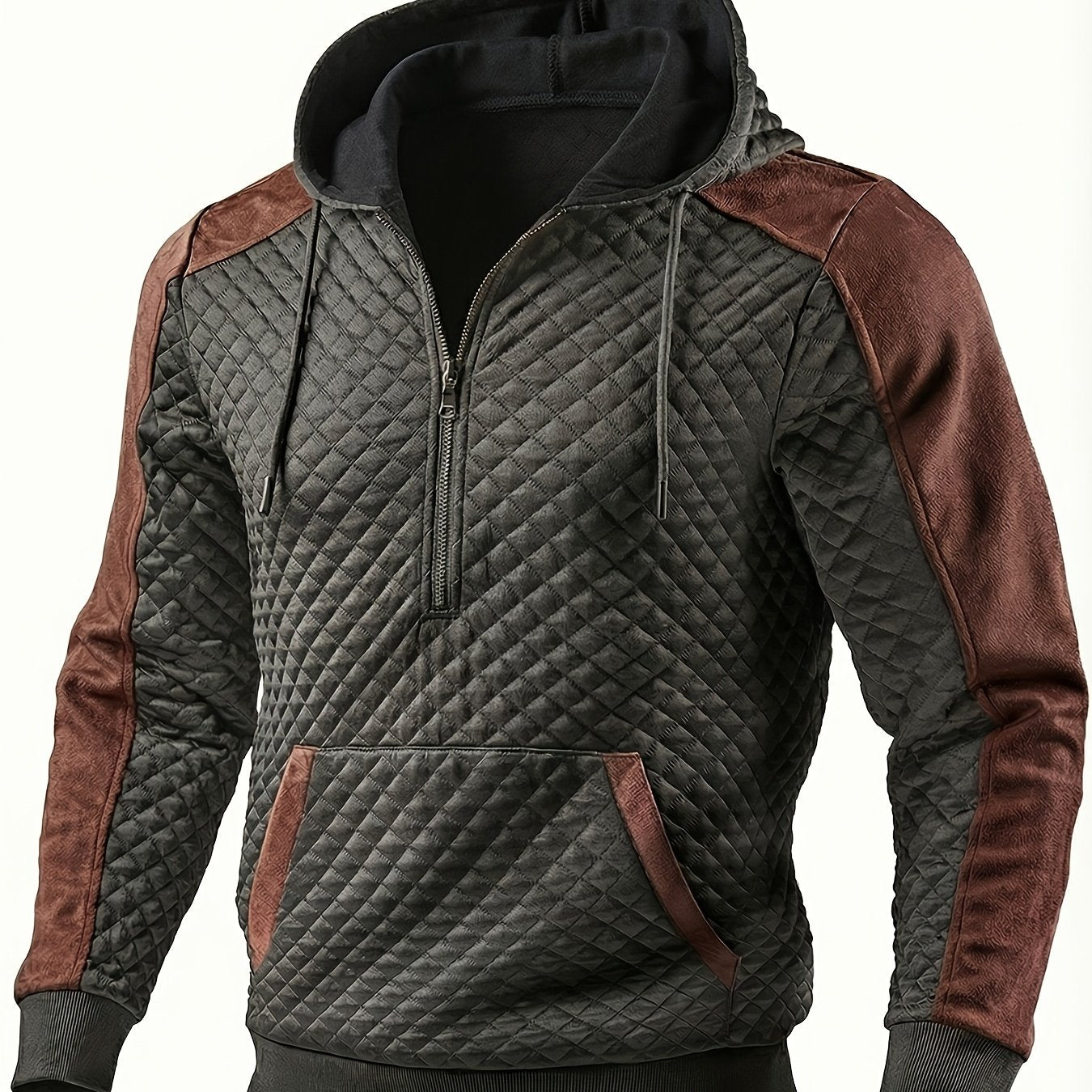 Men's quilted hoodie with half-zip and hood