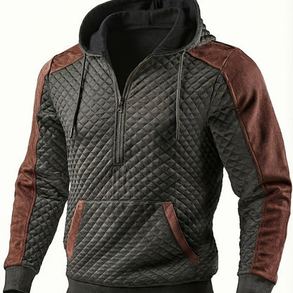 Men's quilted hoodie with half-zip and hood