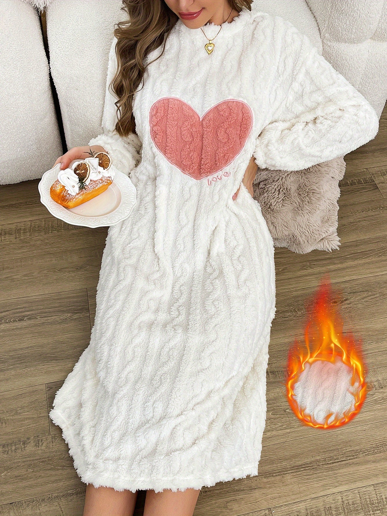 Women's Nightgown, Cozy Plush Long-Sleeve Nightdress with Heart Pattern, White