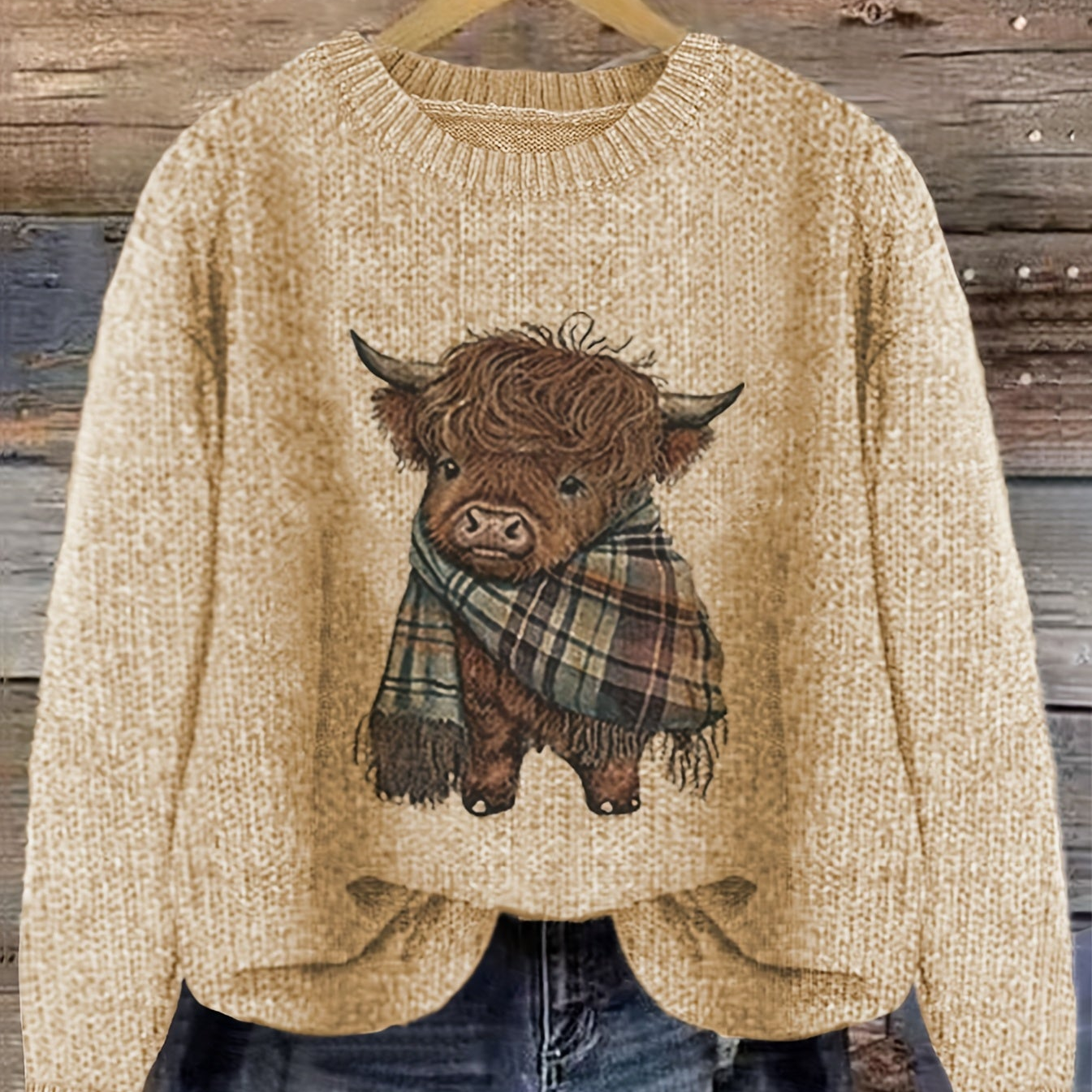 Women's Crew Neck Highland Cow Graphic Pullover Sweater
