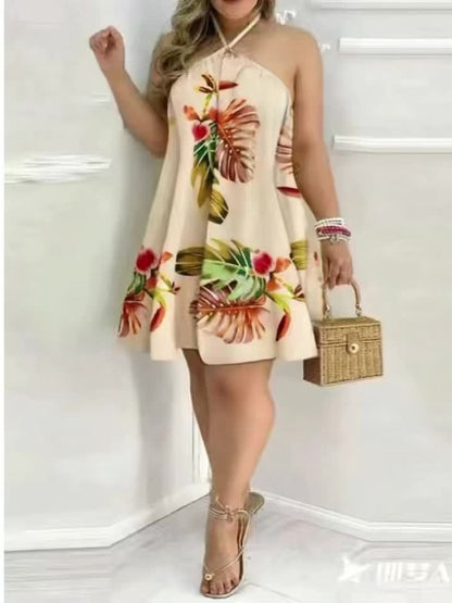 Women's summer mini dress with halter neck and ombre effect – Casual swing style for vacation and garden party