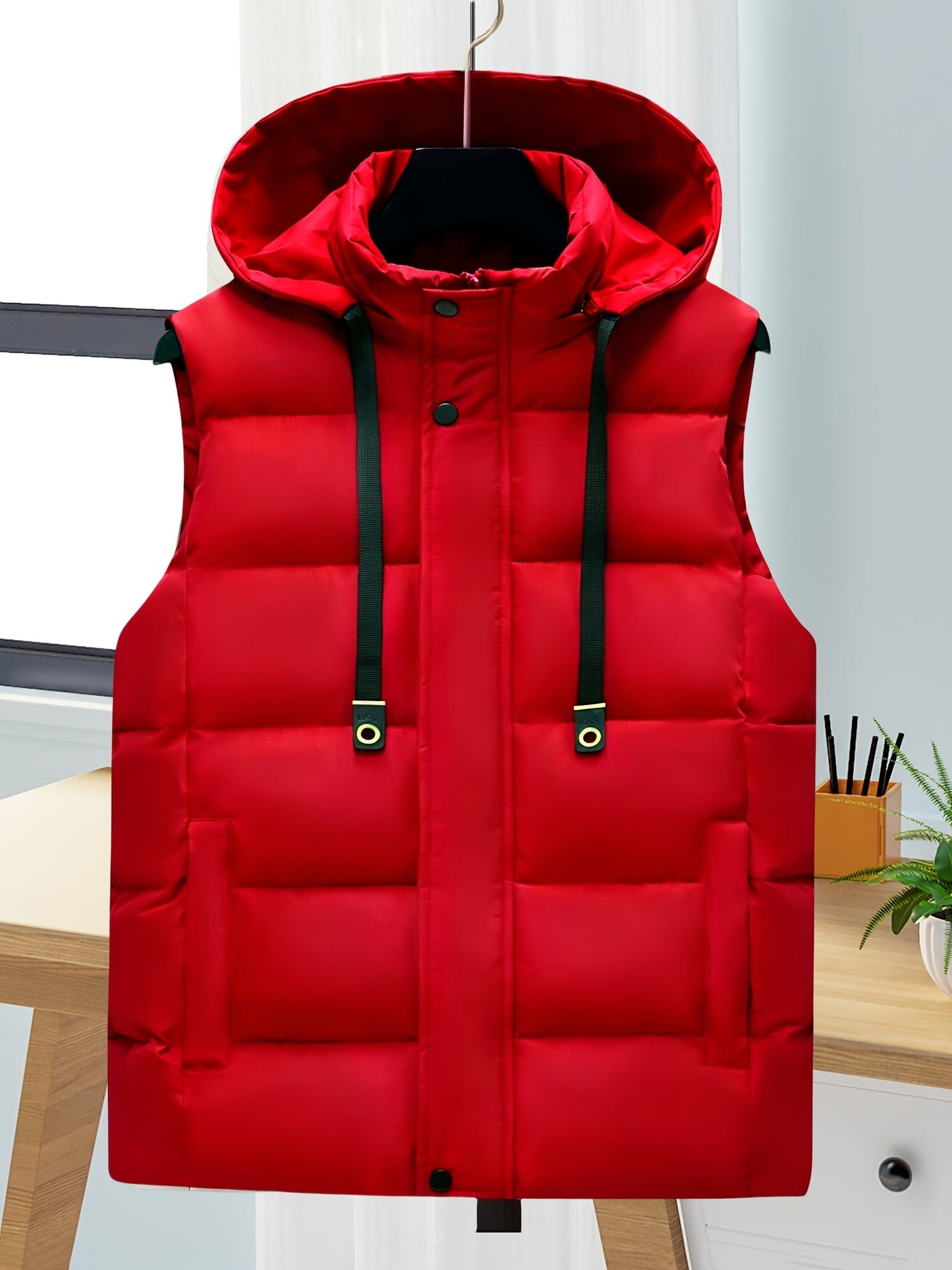Unisex hooded quilted vest with a zipper and pockets