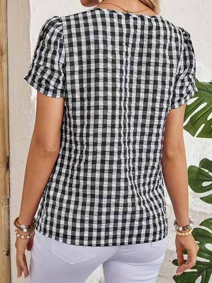 Women's Elegant Checked Blouse with Neckline – Perfect for Spring & Summer
