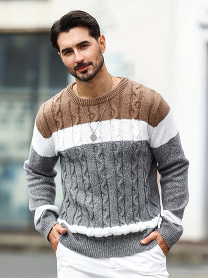 Men's knitted sweater, crew neck, cable-knit pattern, multicolored striped