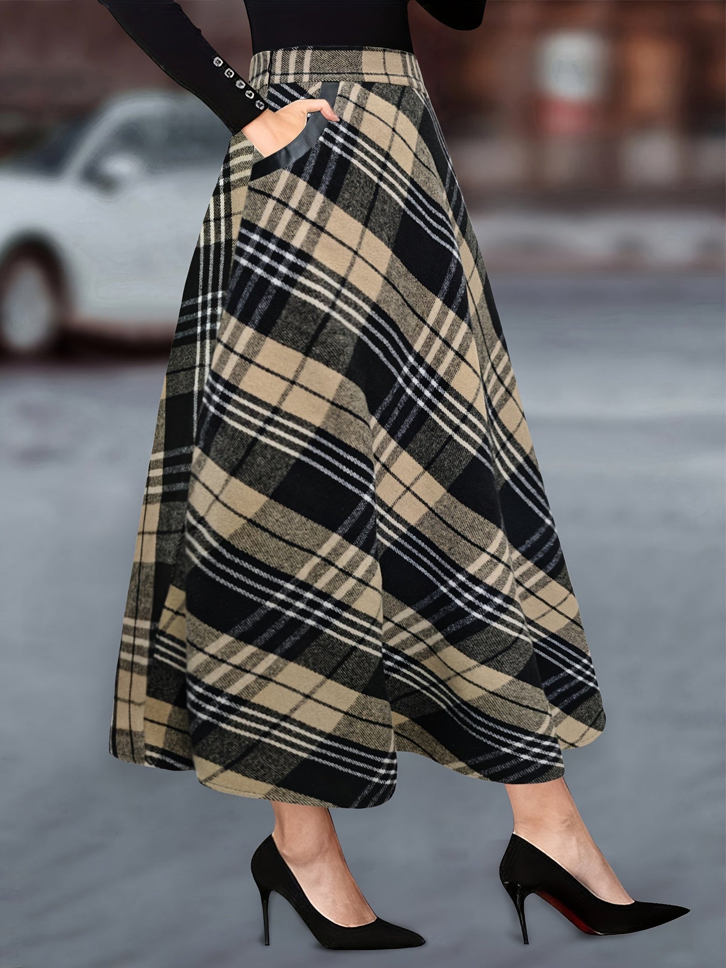 Damen Karierter Maxi-Rock A-Linie mit Taschen
