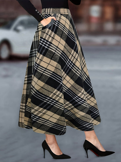 Damen Karierter Maxi-Rock A-Linie mit Taschen