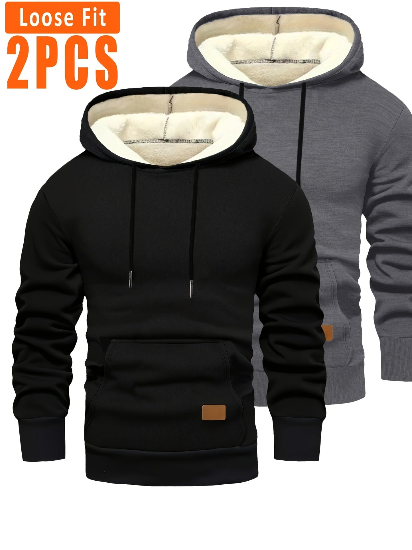 2-pack of men’s hooded sweatshirts, fleece-lined, with kangaroo pockets and drawstrings, black & dark gray