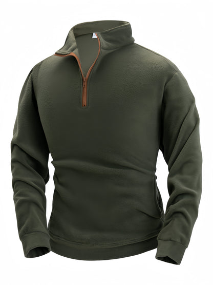 Men's Fleece Pullover with Stand Collar and Zipper, Warm Fleece Top