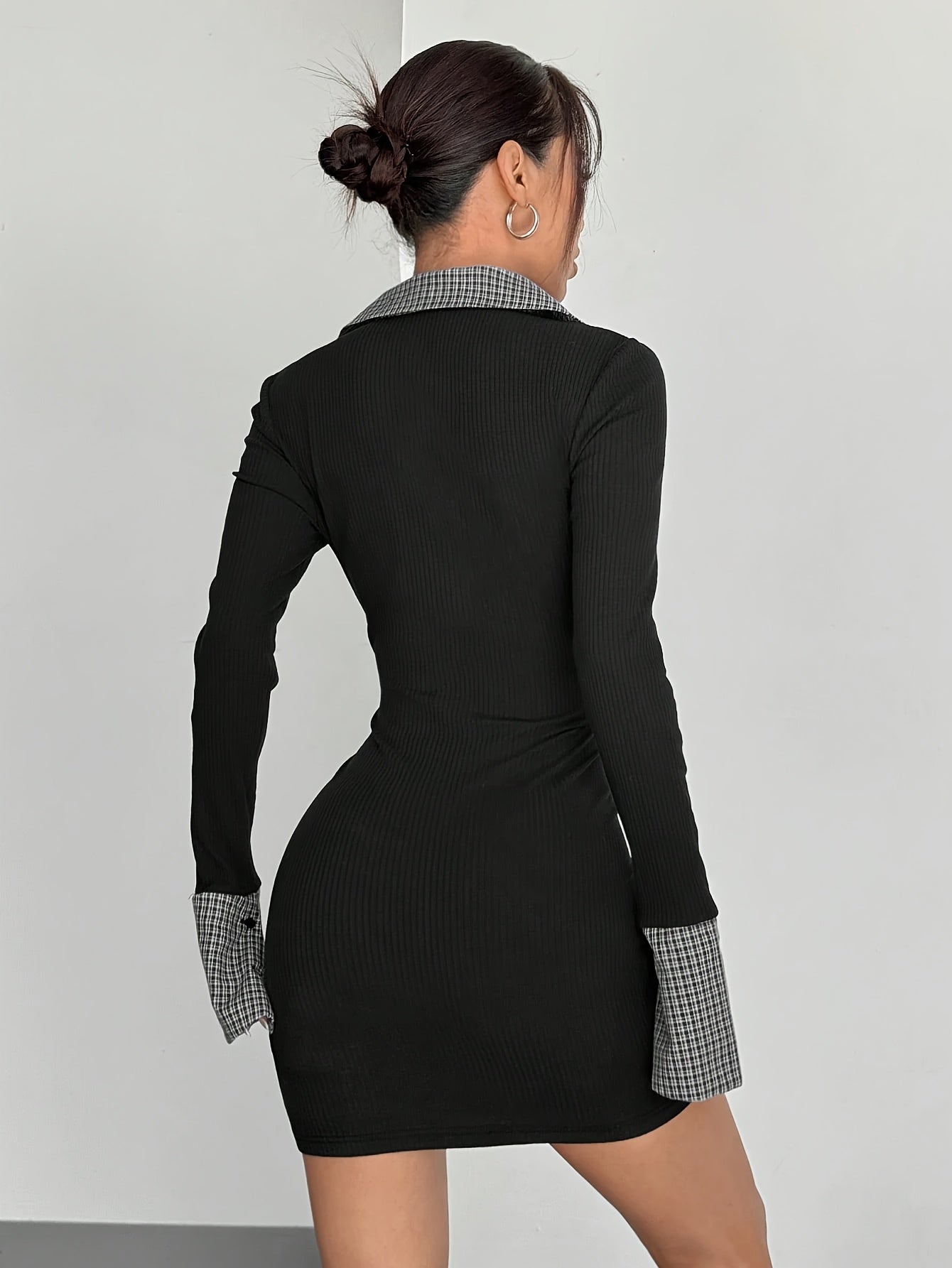 Women's black bodycon ribbed knit mini dress with plaid inserts