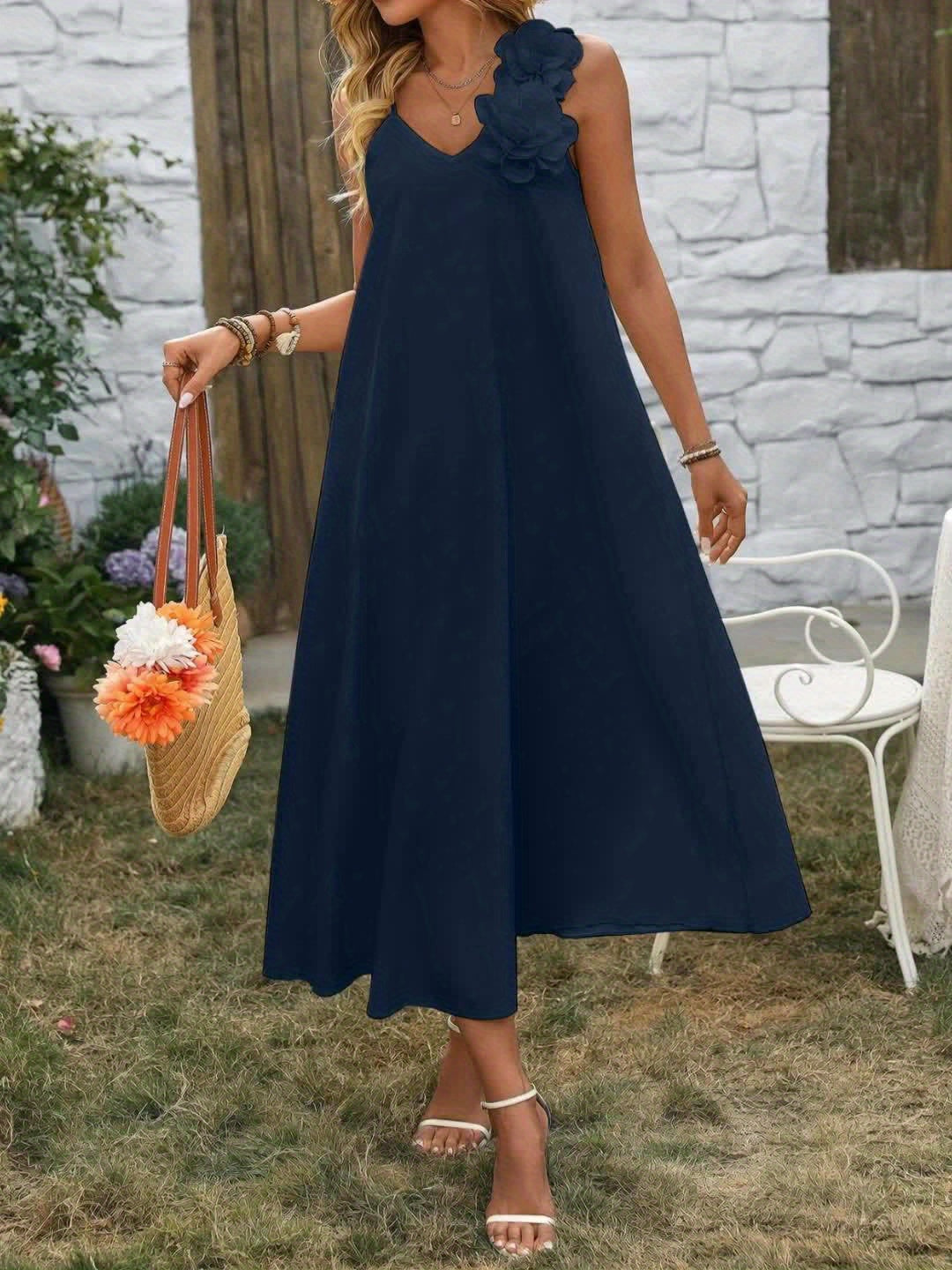 Women's Elegant Maxi Dress with V-Neck and Floral Applique – Perfect for Summer Parties and Garden Gatherings