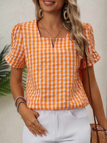 Women's Elegant Checked Blouse with Neckline – Perfect for Spring & Summer