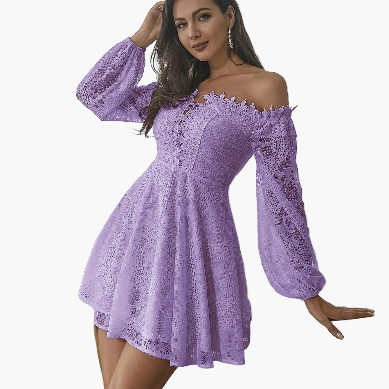 Women's Off-Shoulder Mini Dress Elegant with Lace Sleeves – Perfect for Festive Occasions or Evening Events