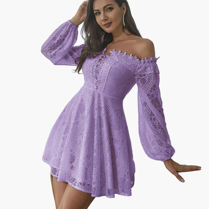 Women's Off-Shoulder Mini Dress Elegant with Lace Sleeves – Perfect for Festive Occasions or Evening Events
