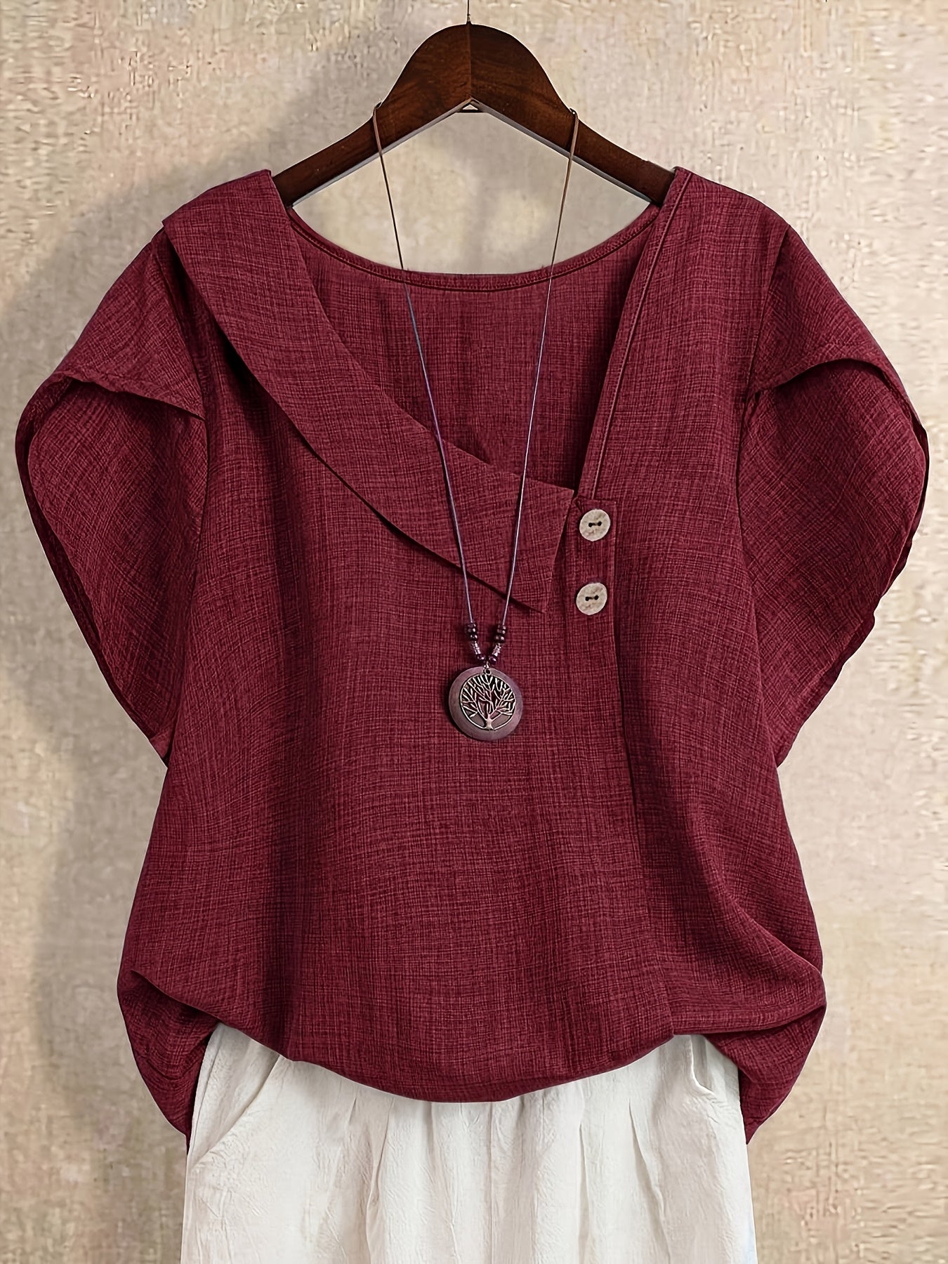 Women's tunic blouse with asymmetrical collar and short sleeves – Artistic casual style