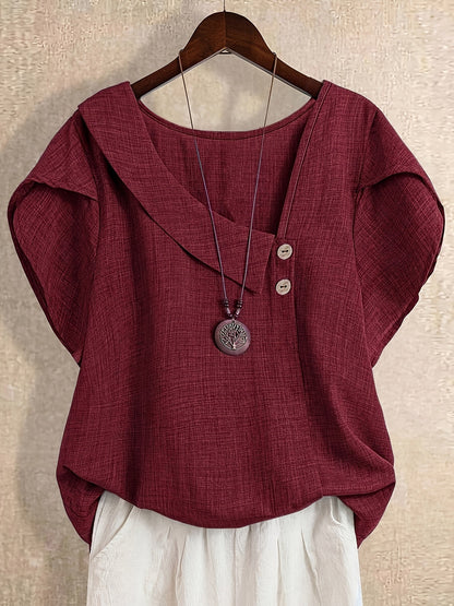 Women's tunic blouse with asymmetrical collar and short sleeves – Artistic casual style