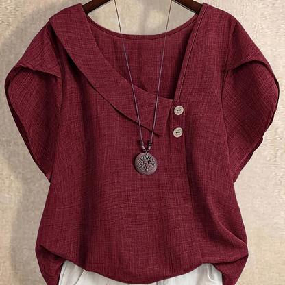 Women's tunic blouse with asymmetrical collar and short sleeves – Artistic casual style