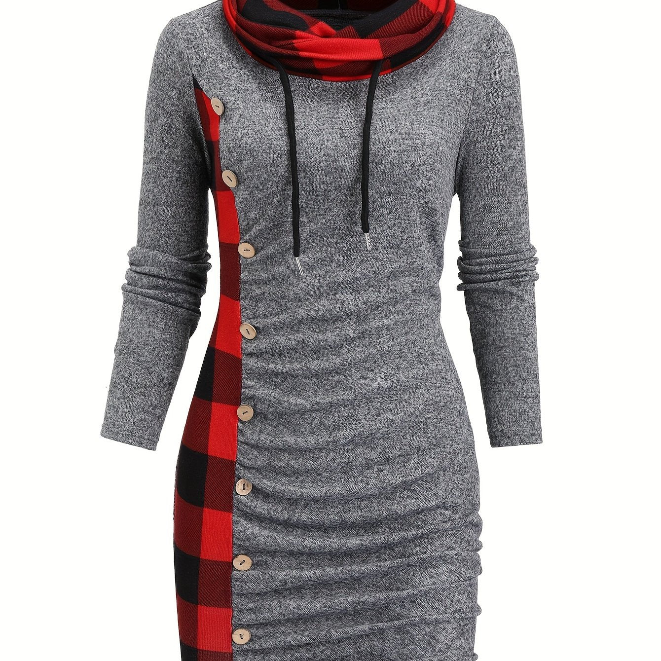 Damen Pulloverkleid mit Rollkragen, kariertem Einsatz & Knöpfen, Langarm, tailliert