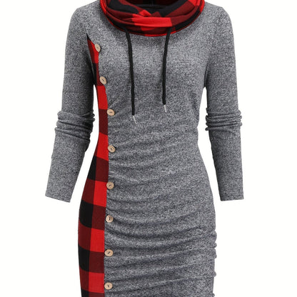 Damen Pulloverkleid mit Rollkragen, kariertem Einsatz & Knöpfen, Langarm, tailliert