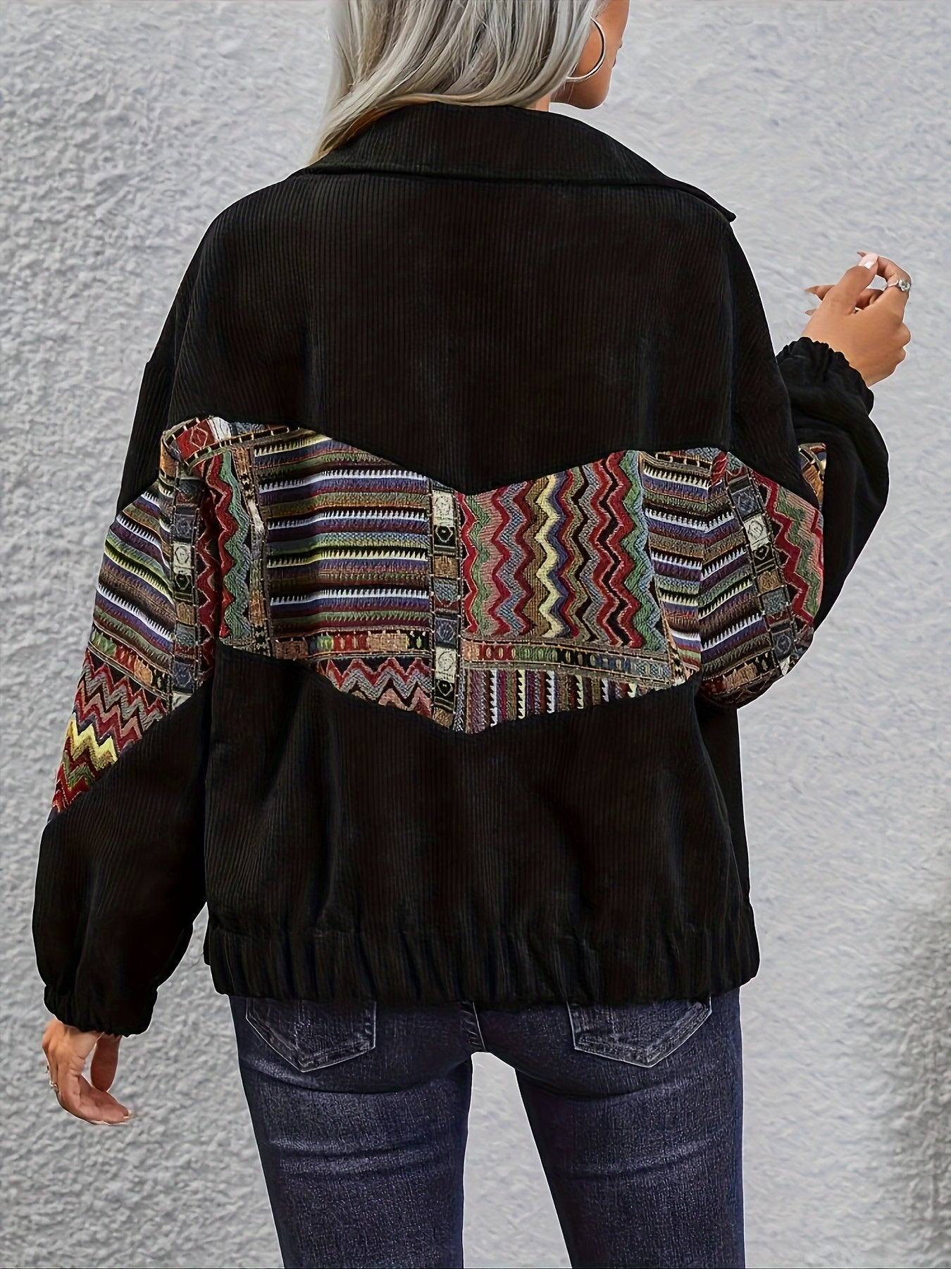 Women's corduroy jacket with ethnic pattern, lapel collar, button placket