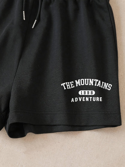 Women's sporty casual set with "The Mountains Adventure" print – top & shorts – perfect for summer & outdoor activities