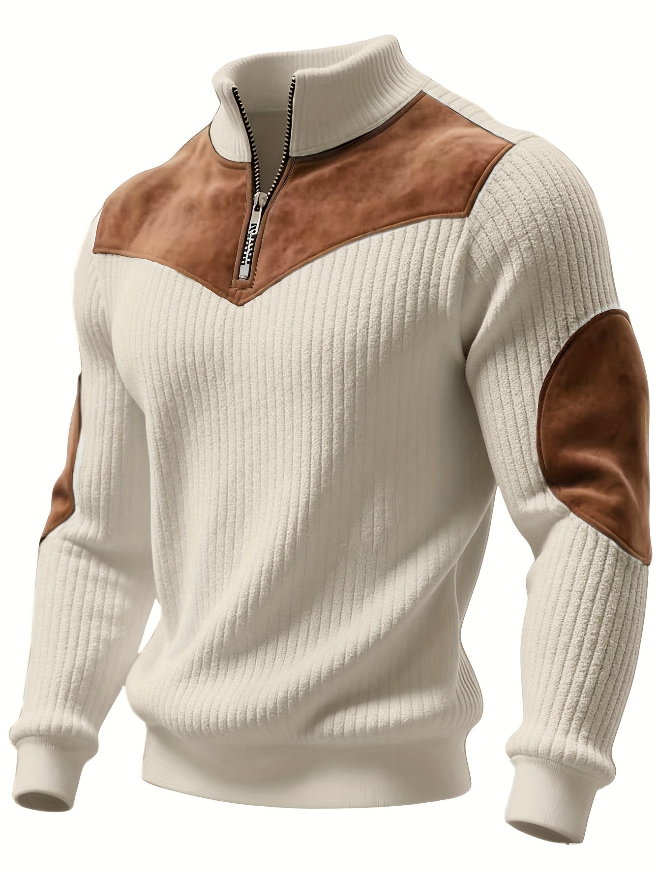 Ribbed men's quarter-zip sweater with suede-look patches