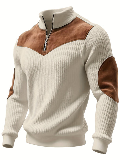 Ribbed men's quarter-zip sweater with suede-look patches