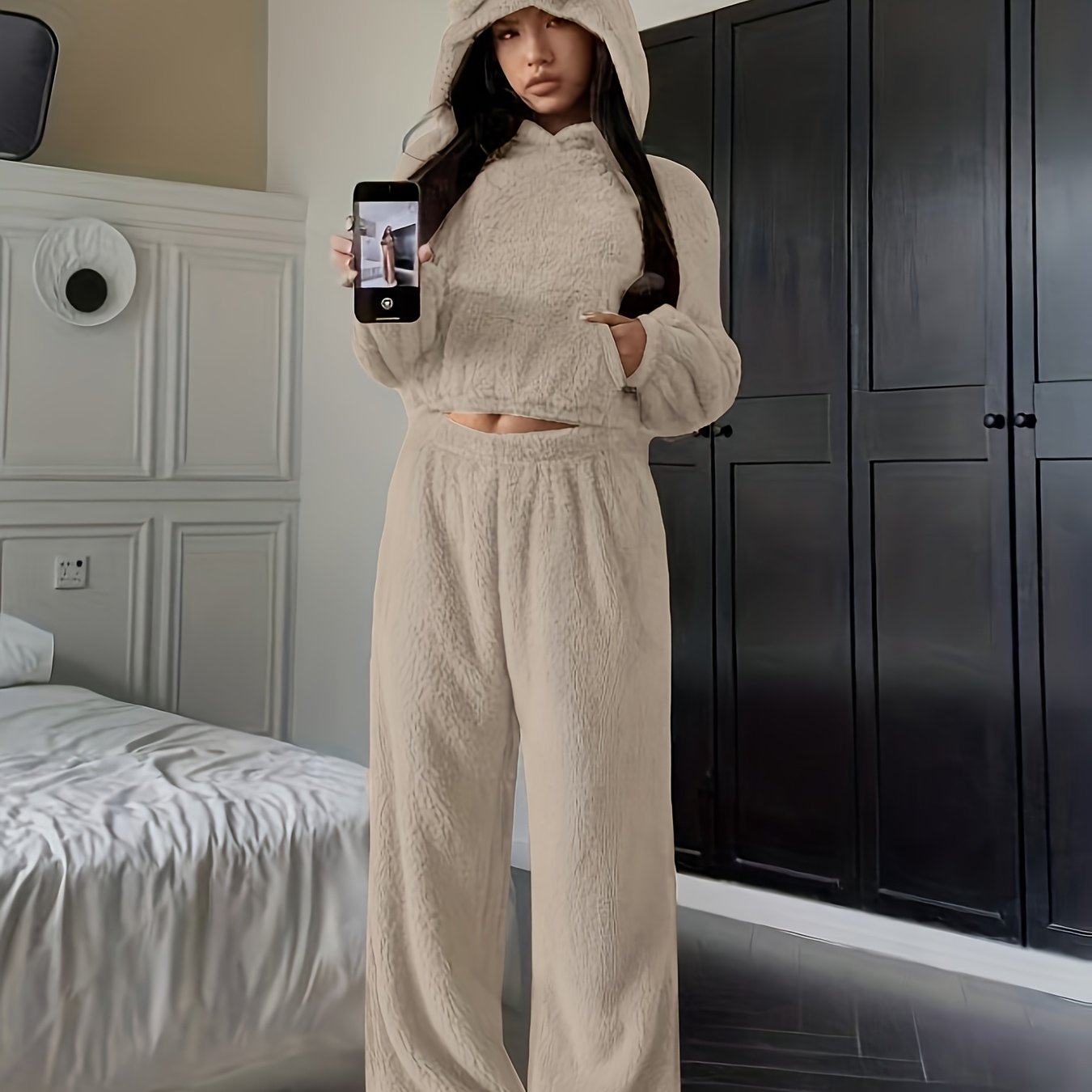 Damen Kuscheliger Loungewear Schlafanzug mit Kapuze und Ohren Plüsch Zweiteiler