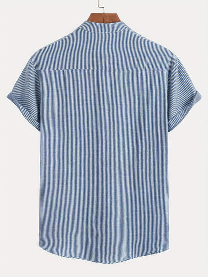 Men's Short Sleeve Henley Shirt with Stand Collar and Stripes – Modern Casual Shirt