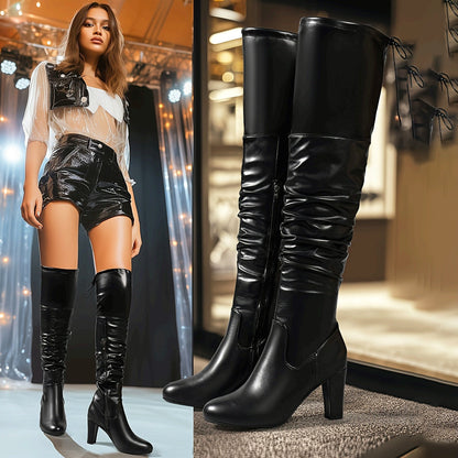Damen Overknees Stiefel Schwarz mit Blockabsatz