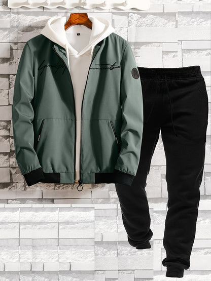 Men's Casual Tracksuit Set with Baseball Collar – Modern Embroidery Look for Everyday and Sports
