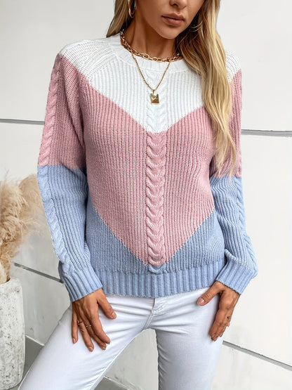Women's knitted sweater, color-block cable-knit pattern, crew neck, white, light blue, dark blue