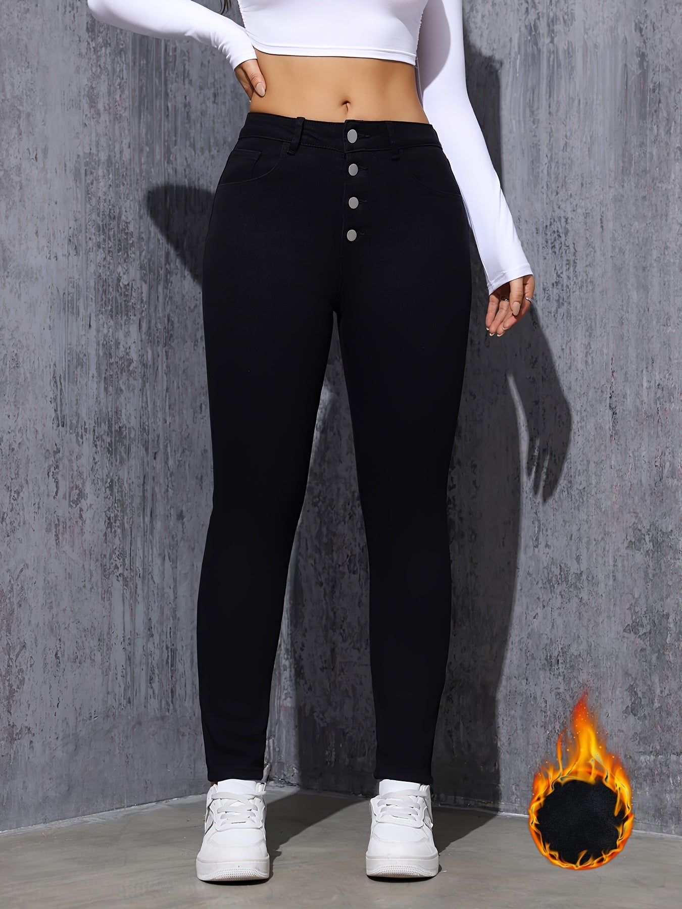 Damen Skinny Jeans Schwarz mit Knopfleiste Hoher Bund Gefüttert