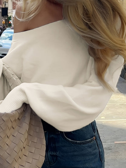 Women's off-the-shoulder knitted sweater with wide sleeves, white