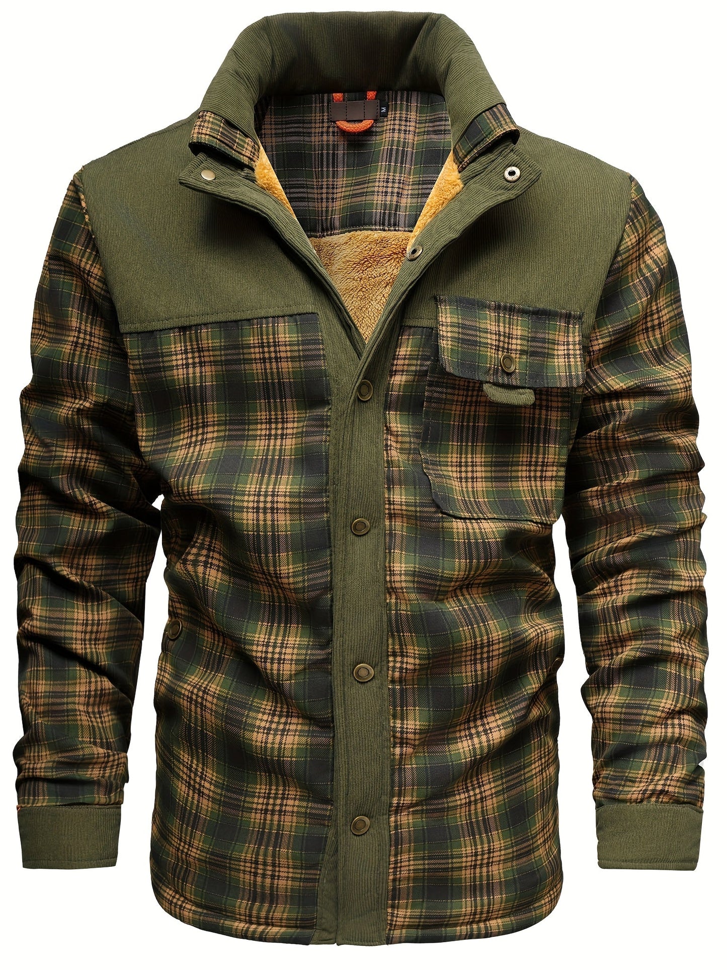 Men’s winter jacket, stand-up collar, checkered, fleece lining, green