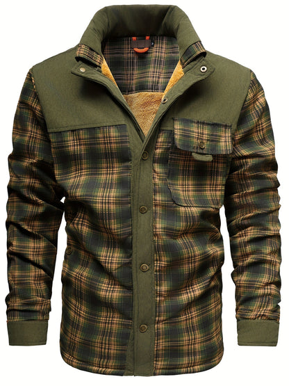 Men’s winter jacket, stand-up collar, checkered, fleece lining, green