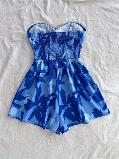 Women's Bandeau Summer Jumpsuit Playsuit with Floral Pattern and Bow Detail – Perfect for Vacation and Leisure