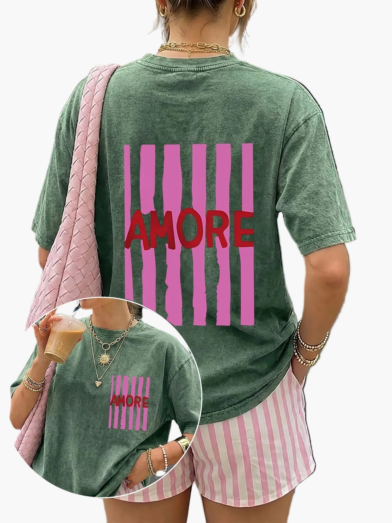Women's Oversize Casual T-Shirt with 'AMORE' Print and Stripes – Summer Streetwear