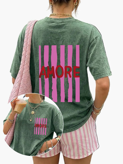 Women's Oversize Casual T-Shirt with 'AMORE' Print and Stripes – Summer Streetwear