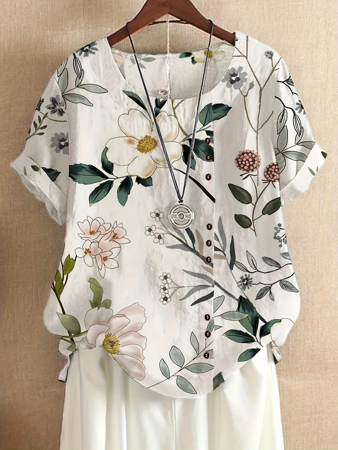 Women's Vintage Blouse with Floral Pattern and Button Placket – Summer Casual Shirt