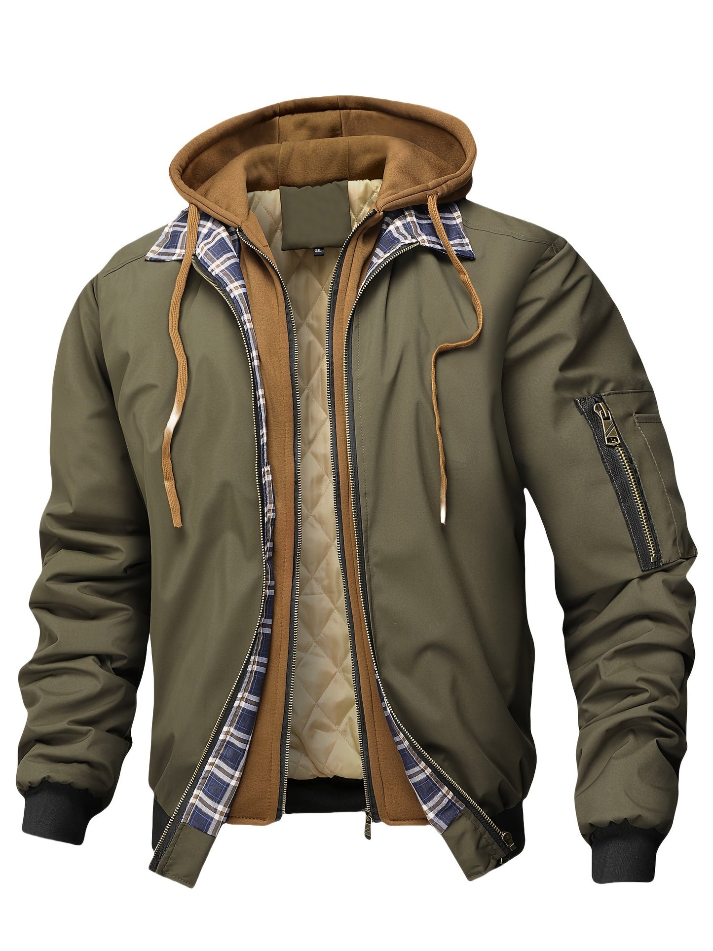 Herren Bomberjacke mit Kapuze Steppfutter Kariert Beige