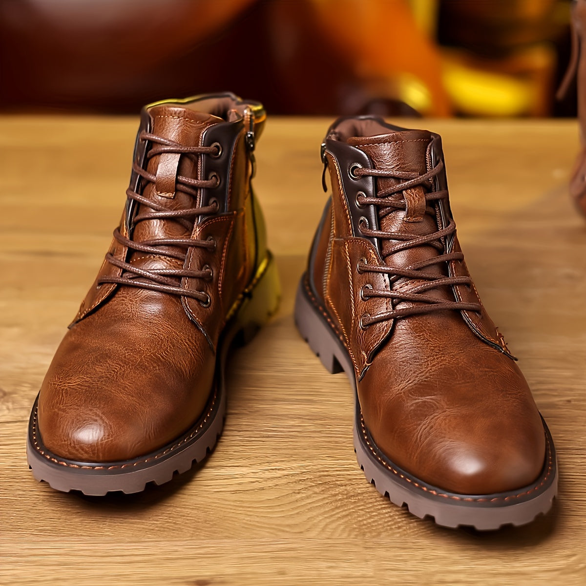 Herren Worker Boots Braun Schnürstiefeletten mit Reißverschluss & Profilsohle